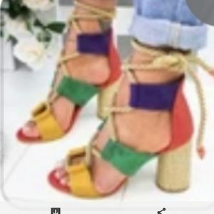 Multi colored, high heeled, tie up Sandals
